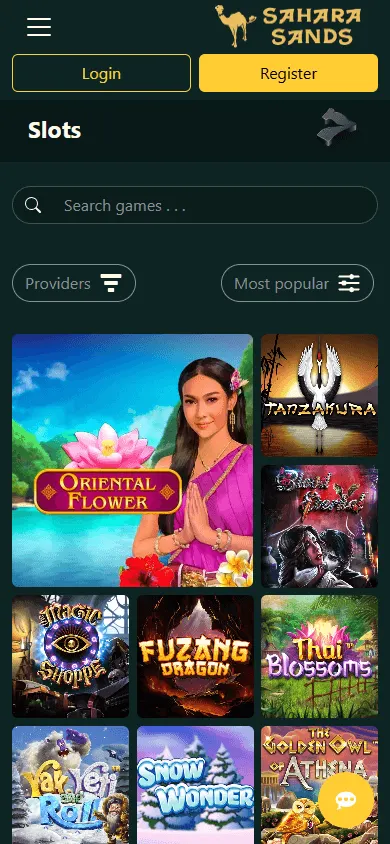 Sahara Sands Casino games screen on a mobile device