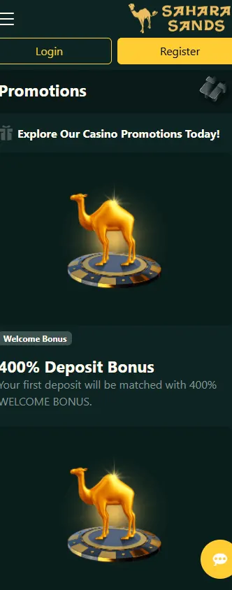 Sahara Sands Casino promotions screen on a mobile device