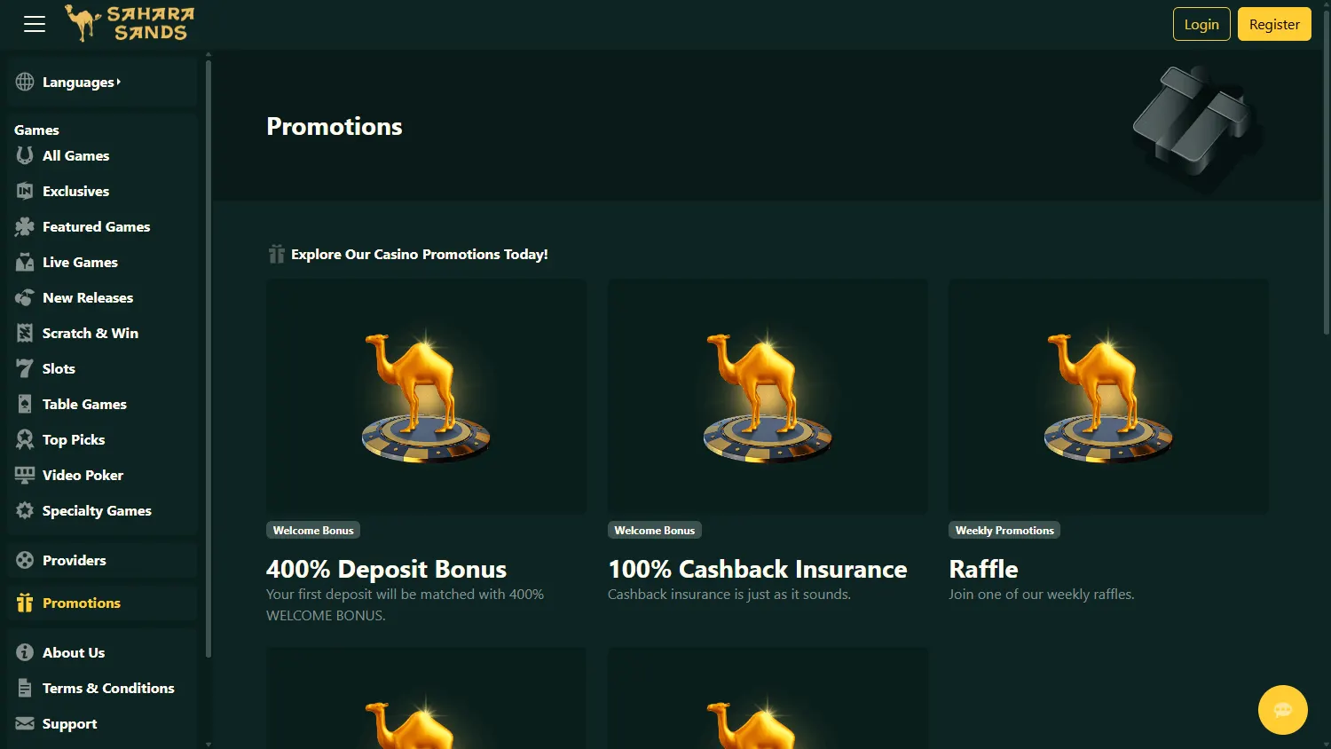 Sahara Sands Casino promotions screen on desktop