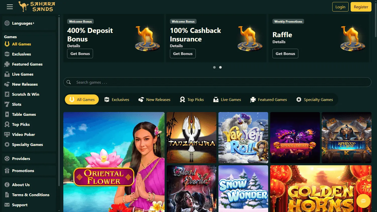Sahara Sands Casino home screen on desktop