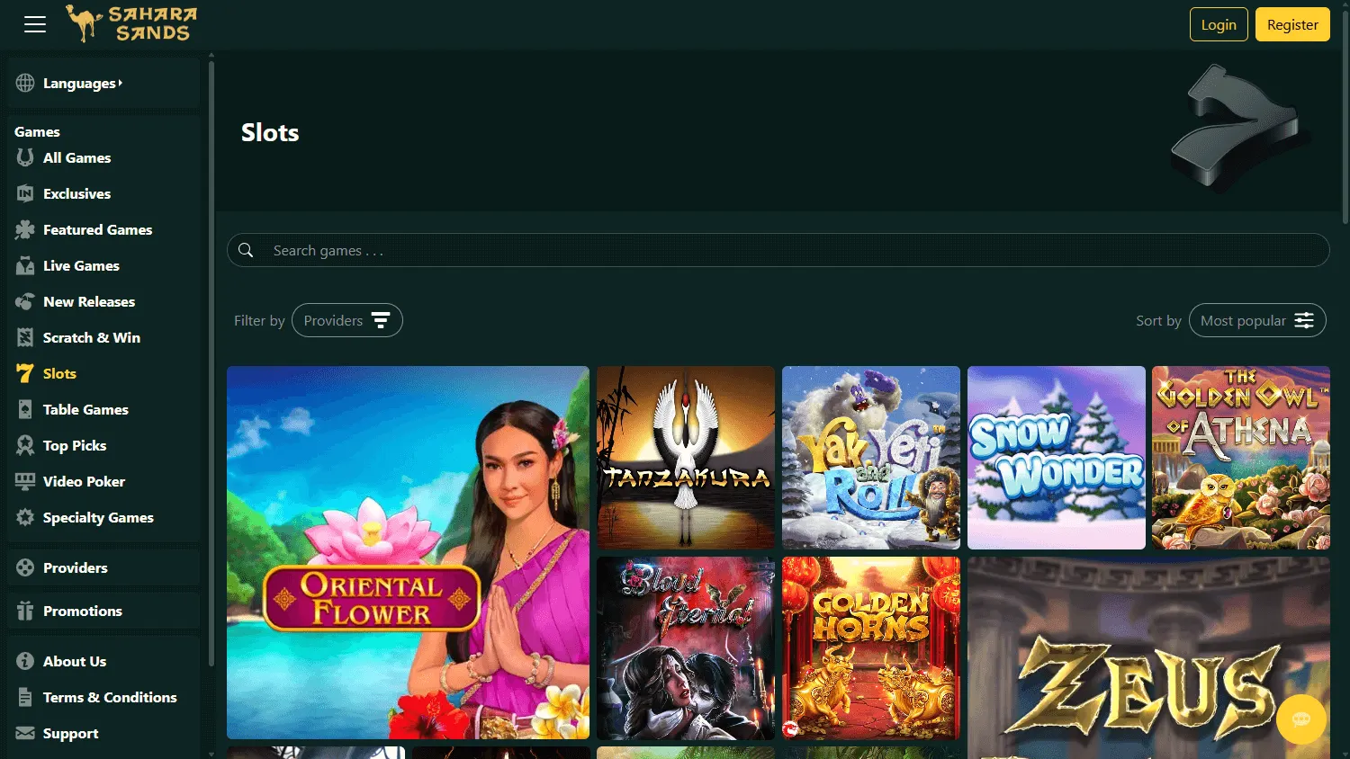 Sahara Sands Casino games screen on desktop